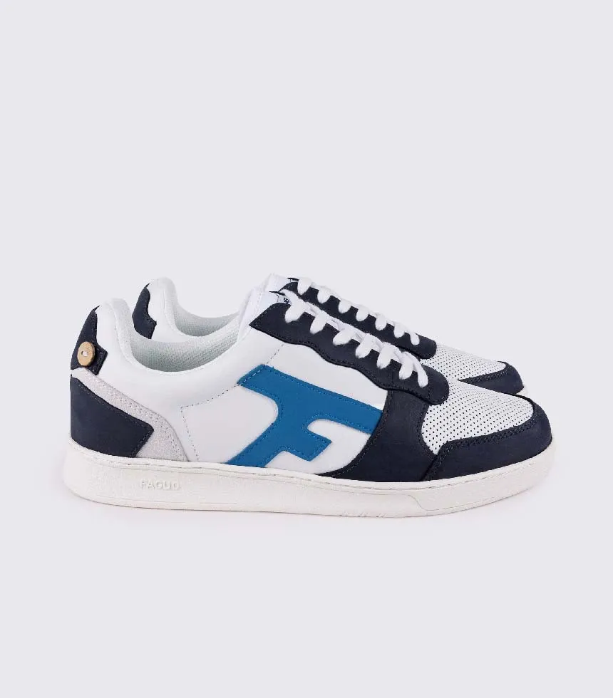 Baskets en cuir et polyester recyclé blanc bleu Hazel