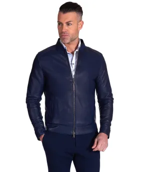 Blouson cuir bleu homme motard cuir véritable col rond Marlon