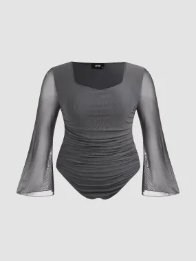 Body froncé à manches cloche en maille unie Curve & Plus