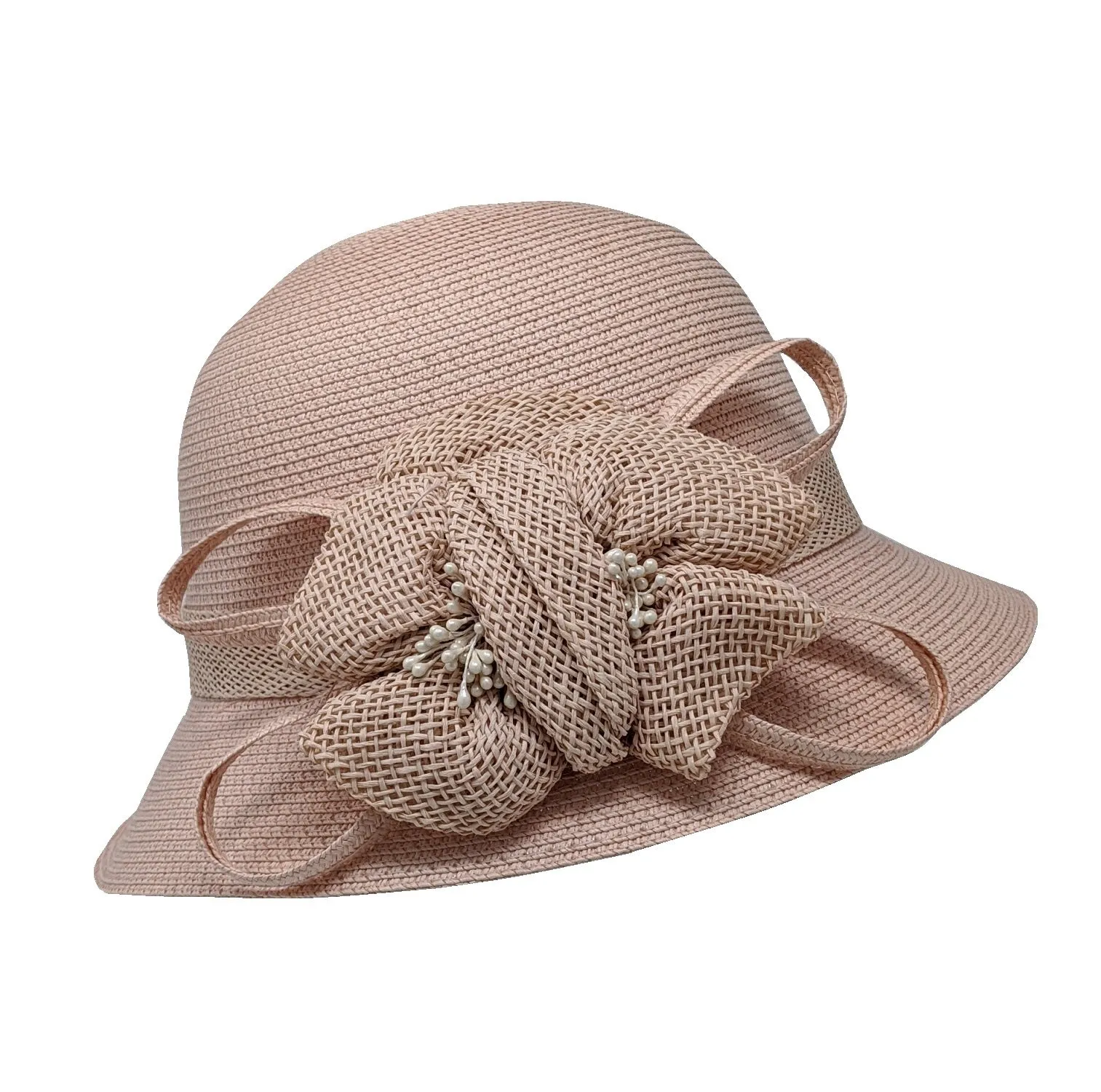 Chapeau cloche en paille cousue avec ornement de jute