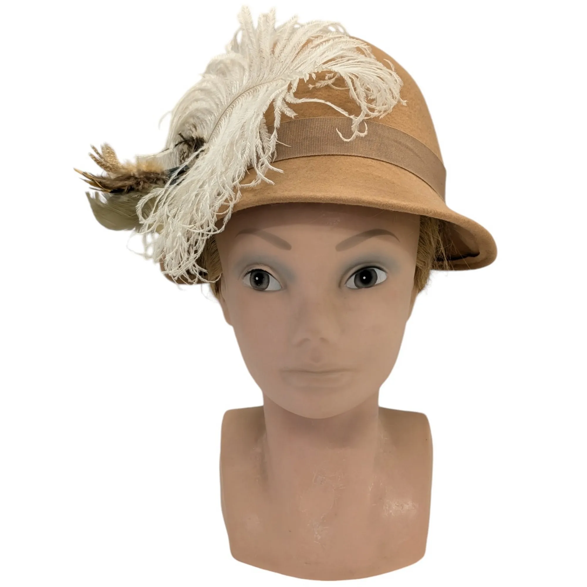 Chapeau cloche Lafayette Accessoires T 53/54 cm en laine camel avec plumes