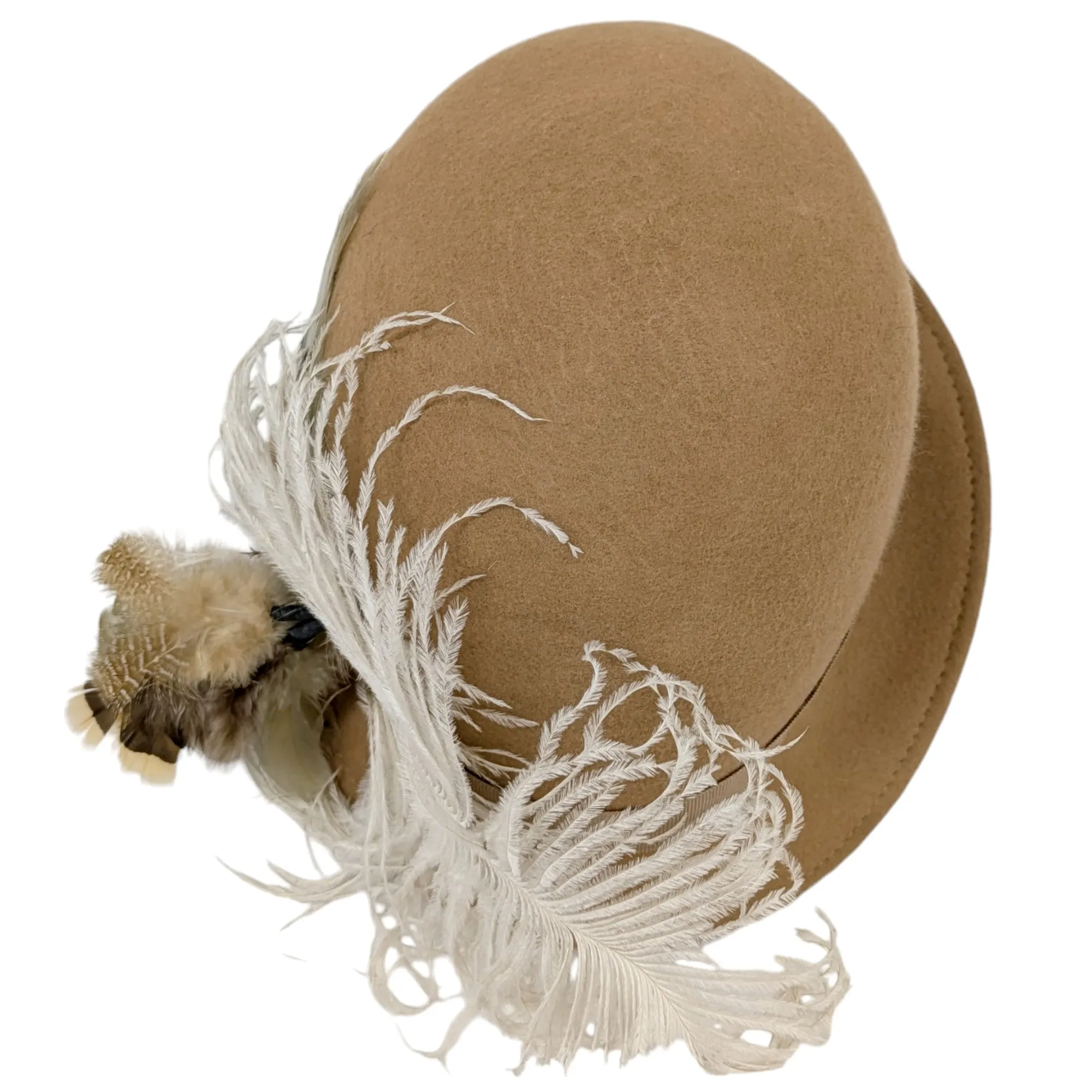 Chapeau cloche Lafayette Accessoires T 53/54 cm en laine camel avec plumes