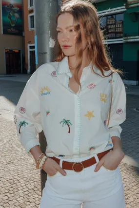 Chemise oversize brodée Femme - Imprimé écru