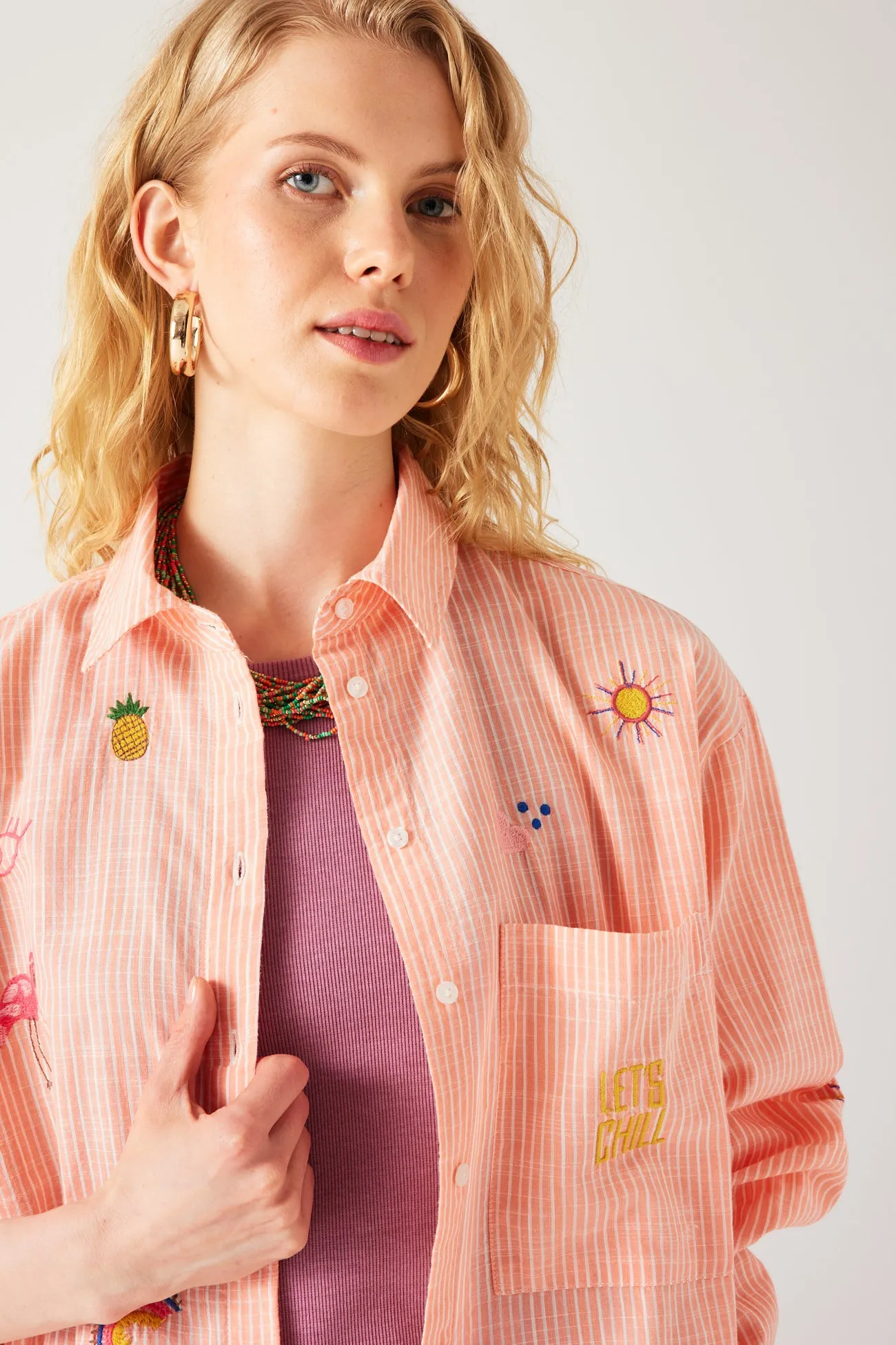 Chemise rayée brodée Femme - Rayures multicolores