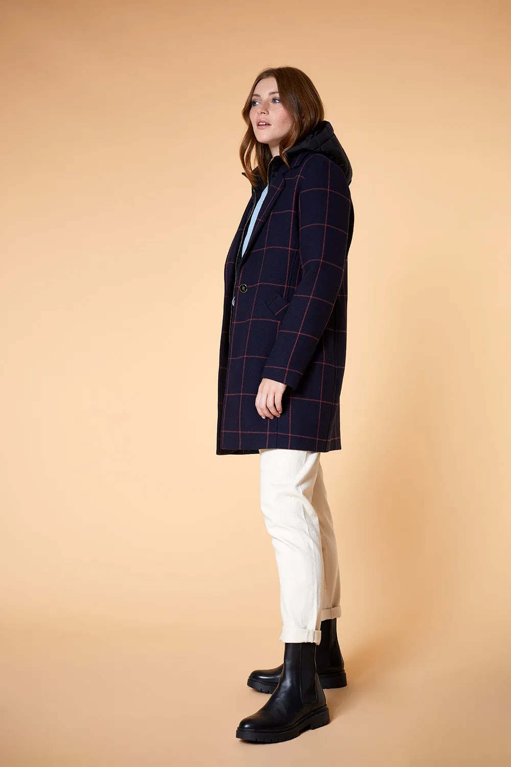 DEW - Manteau marine en lainage carreaux avec parmenture doudoune amovible