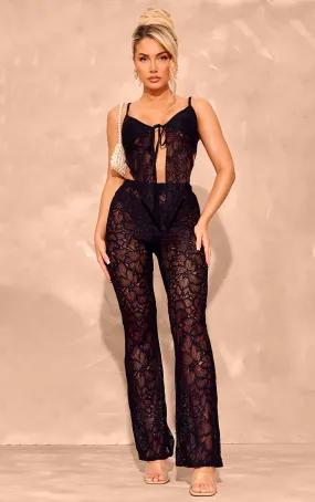 Pantalon flare en dentelle noire à taille mi-haute