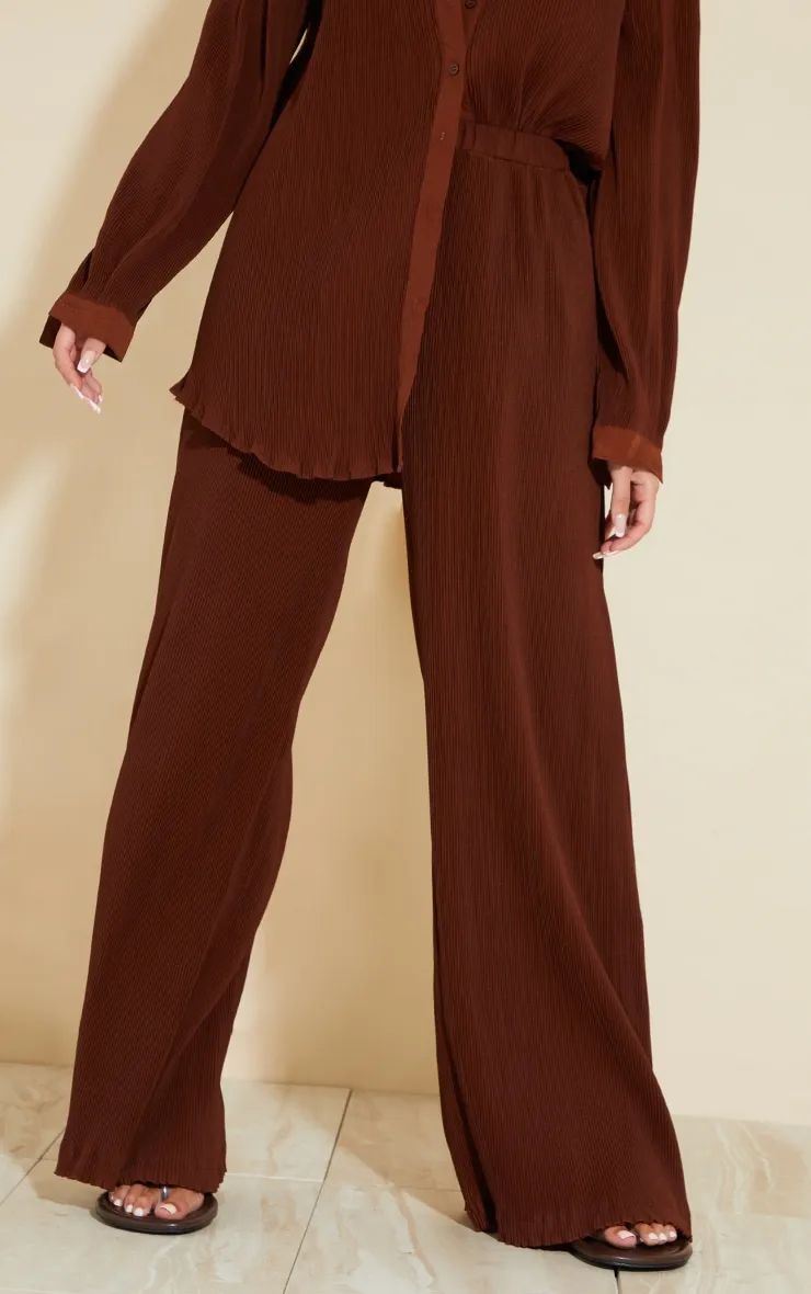 Pantalon large chocolat plissé à taille haute