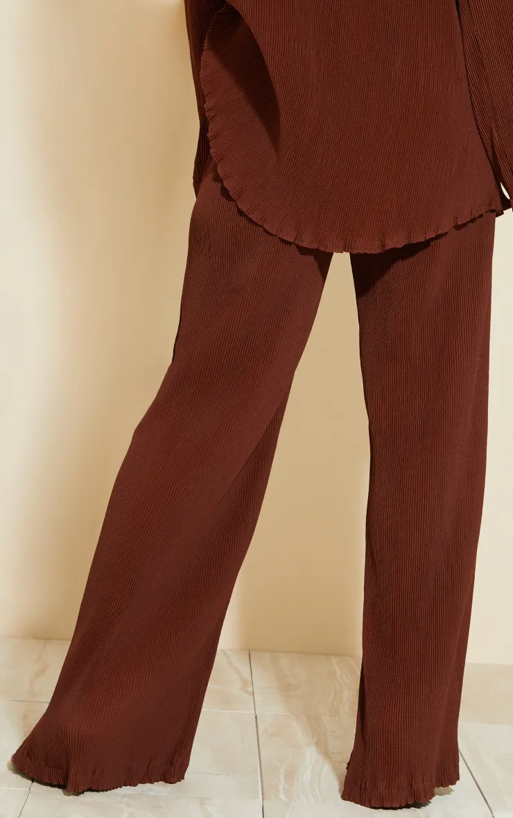 Pantalon large chocolat plissé à taille haute