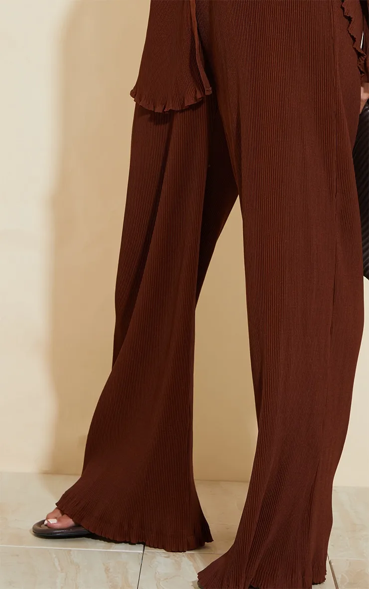 Pantalon large chocolat plissé à taille haute