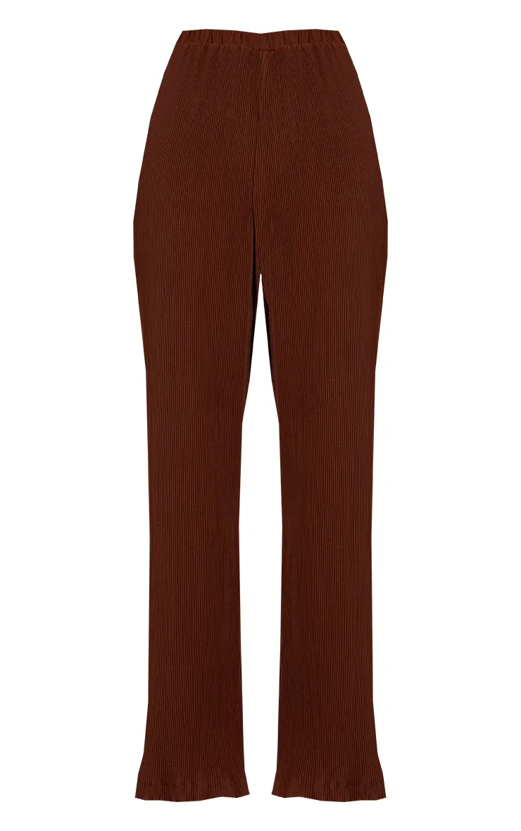 Pantalon large chocolat plissé à taille haute