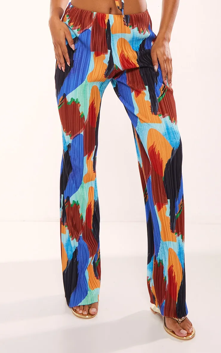 Pantalon large imprimé bleu abstrait plissé à taille haute