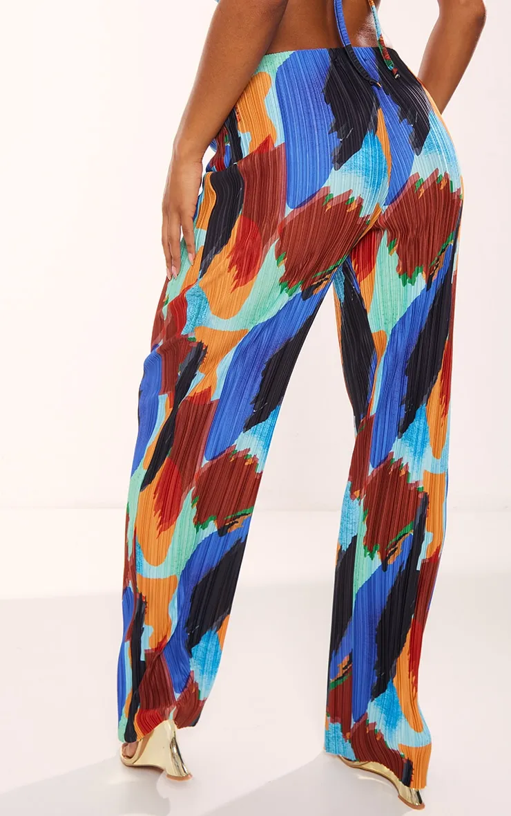 Pantalon large imprimé bleu abstrait plissé à taille haute