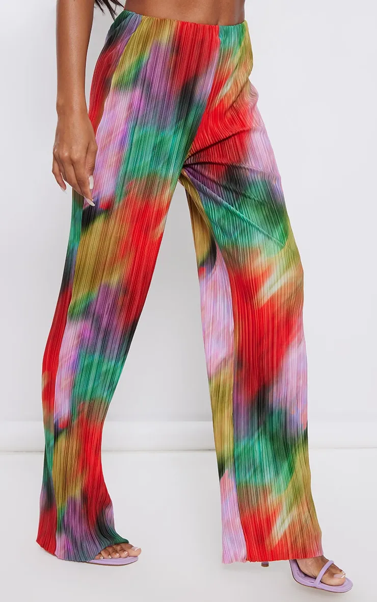 Pantalon large imprimé multicolore plissé taille haute