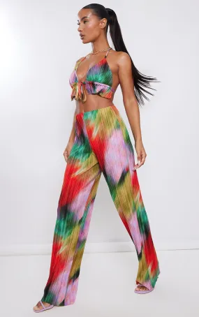 Pantalon large imprimé multicolore plissé taille haute