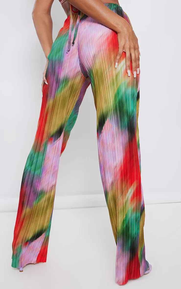 Pantalon large imprimé multicolore plissé taille haute