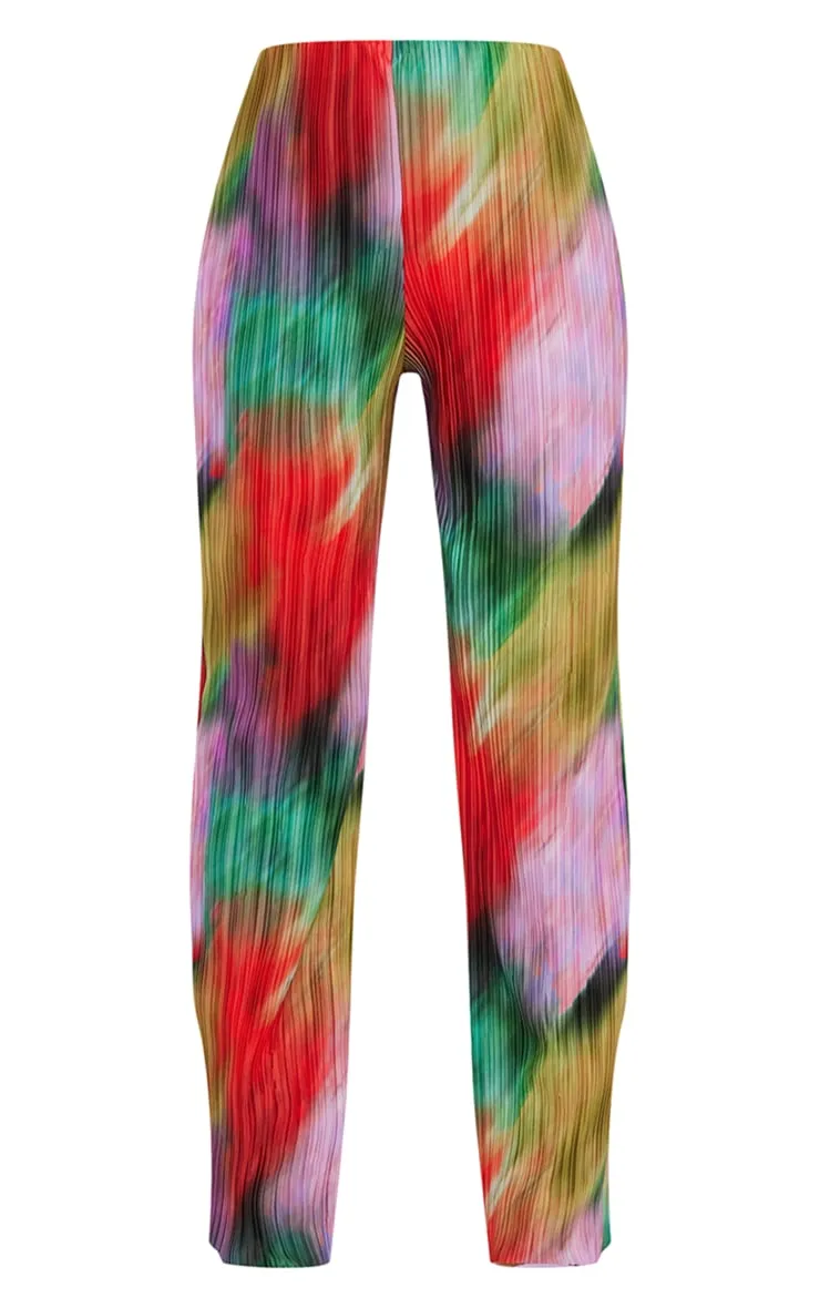 Pantalon large imprimé multicolore plissé taille haute