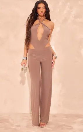 Pantalon moulant droit taupe à taille mi-haute