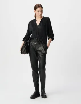 Pantalon noir taille haute en cuir d'agneau femme