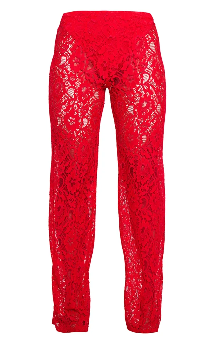 Pantalon rouge sang à taille haute et dentelle transparente coupe évasée