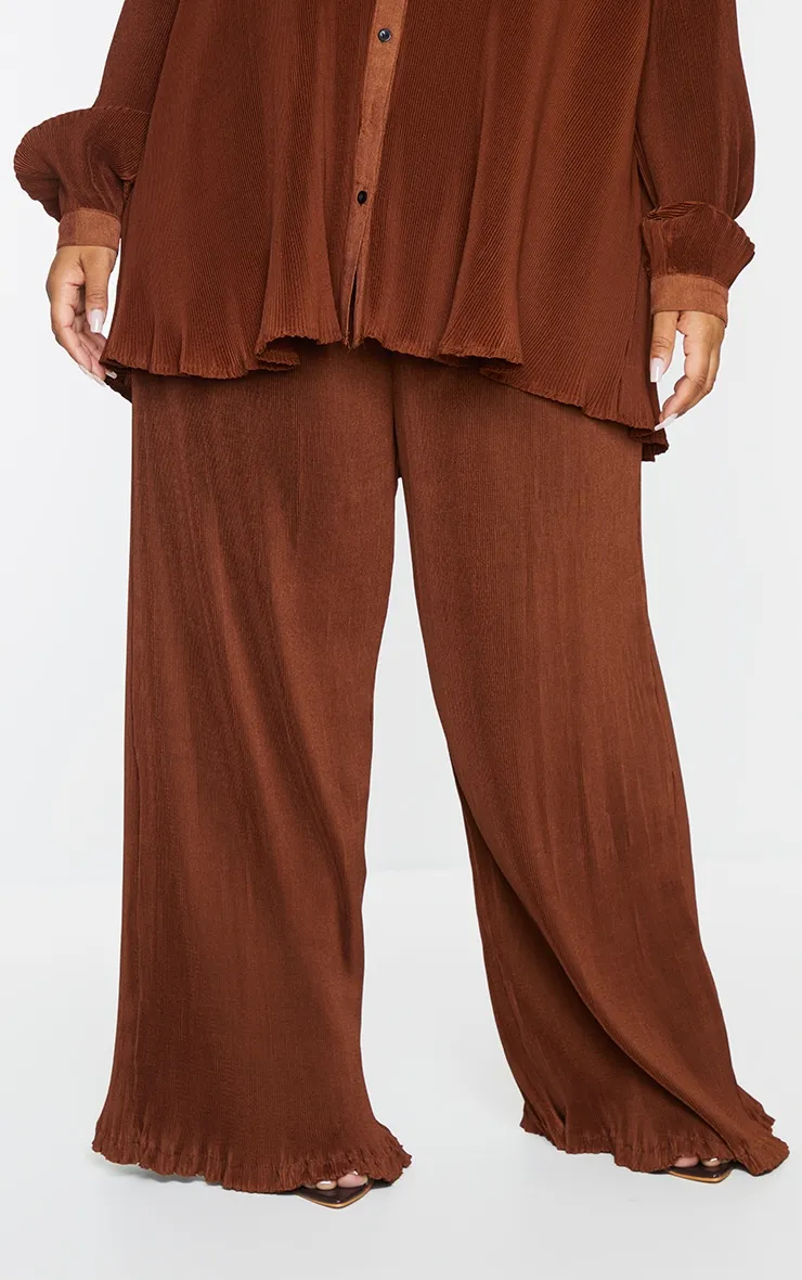 Plus Pantalon large chocolat plissé à taille haute