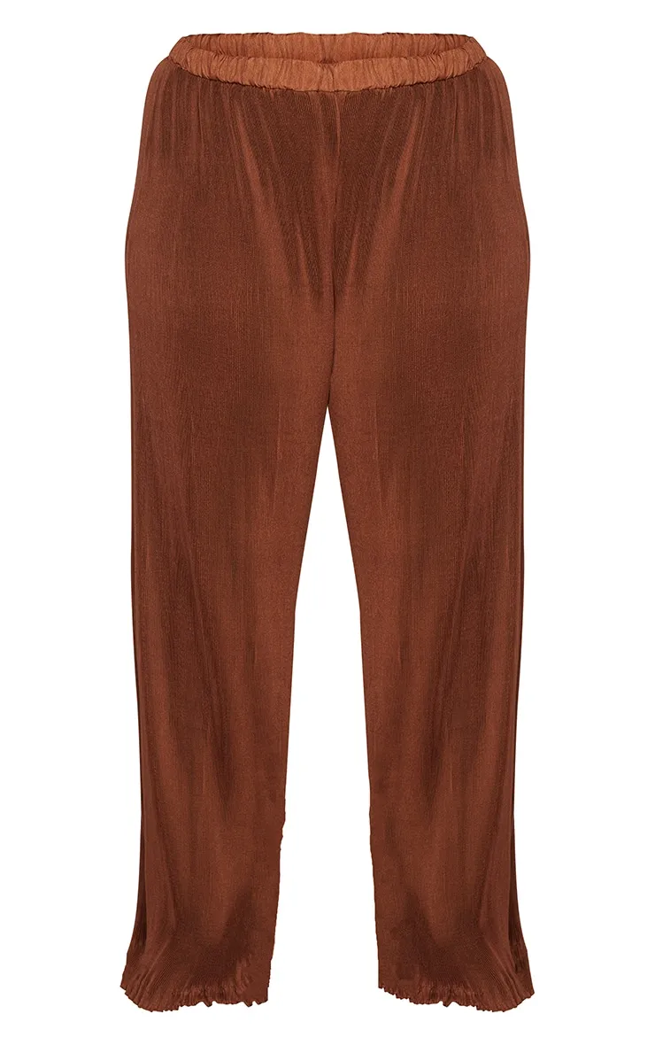 Plus Pantalon large chocolat plissé à taille haute