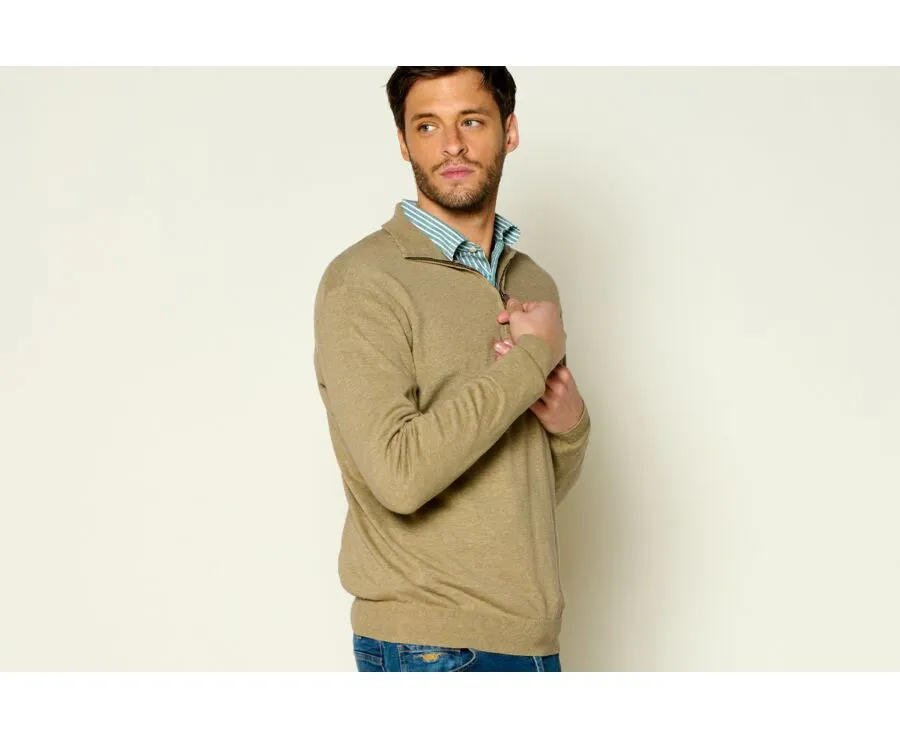 Pull coton bio/lin homme col zippé kaki Chiné - VLADLIN | Bexley