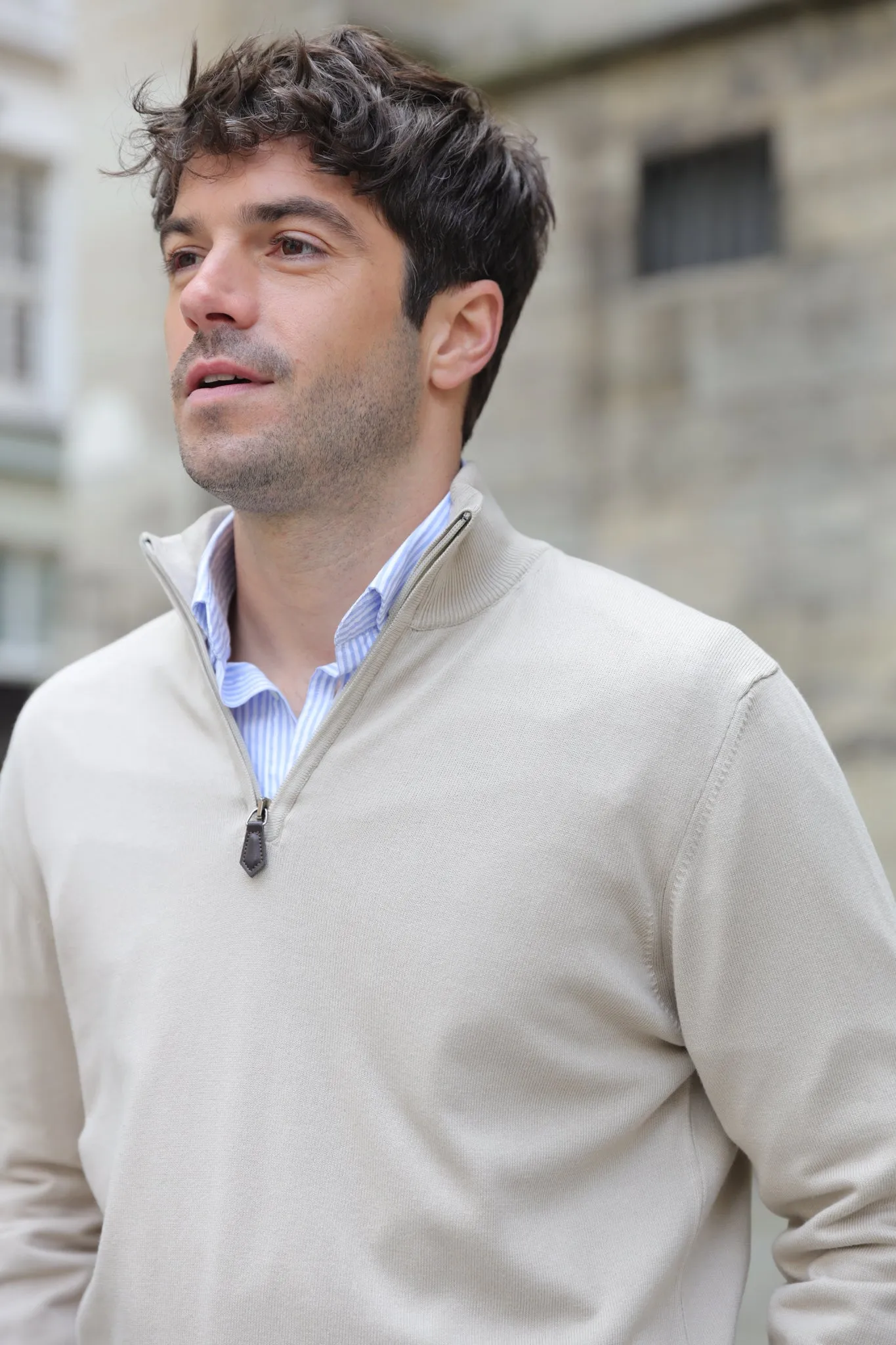 Pull John col zippé en coton - Beige