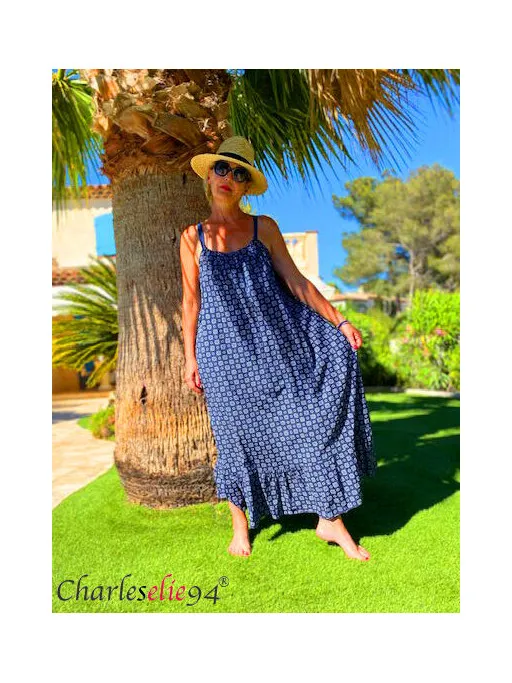 Robe longue à bretelles été VAHINE bleu marine