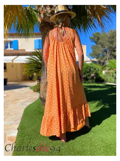 Robe longue à bretelles été VAHINE orange