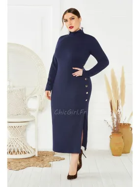 Robe Pull Bleu Marine Fourreau Grande Taille Manche Longue Col Montant Avec Fente