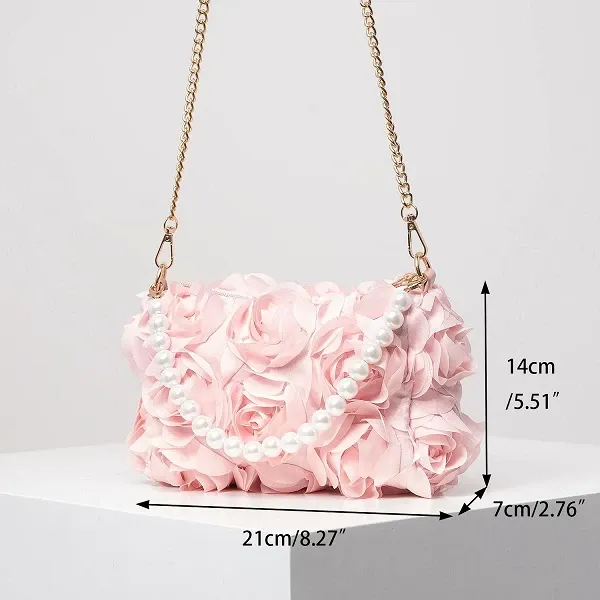 Sac de dîner fleur rose en fausse perle avec bandoulière chaîne métal