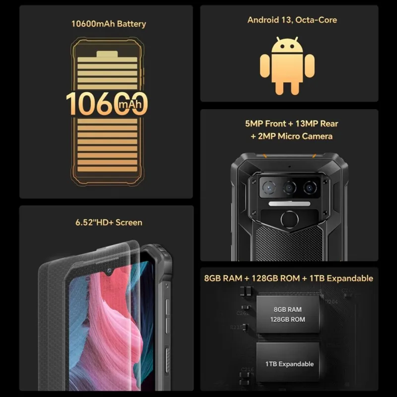 Smartphone 4G 8GB+128GB 10600mAh IP68 Android 13