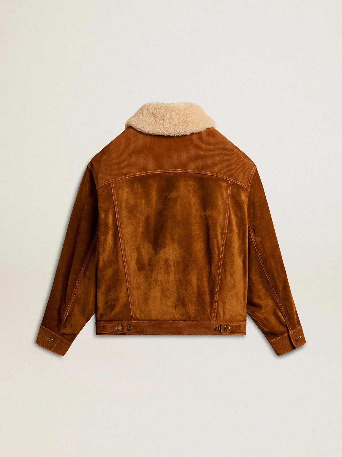 Veste pour femme en croûte de cuir couleur tabac et col en shearling | Golden Goose