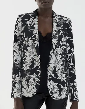 Veste tailleur en crêpe imprimé floral noir et blanc femme