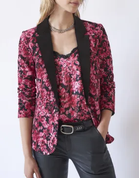 Veste tailleur en crêpe imprimé floral rose col noir femme