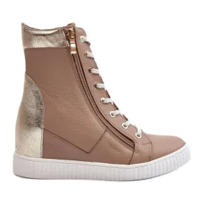 Zazoo 3081 Baskets compensées en cuir pour femme Beige